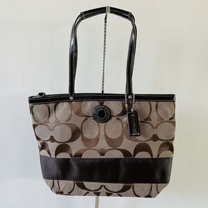 COACH Khaki Mahogany Signature Stripe Jacquard Tote Shoulder Bag